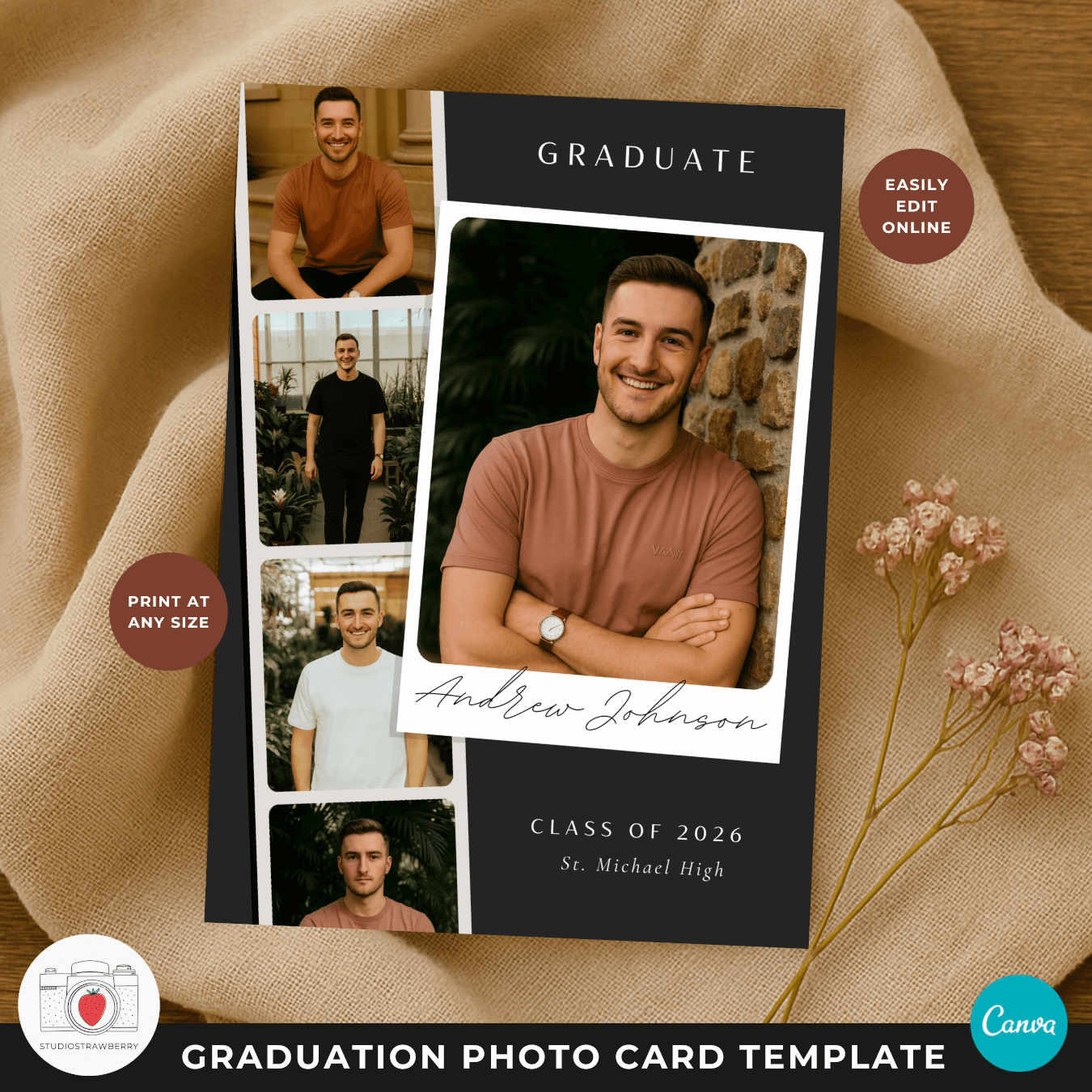 Guy graduation photo card featuring a modern film strip layout with multiple portrait photos