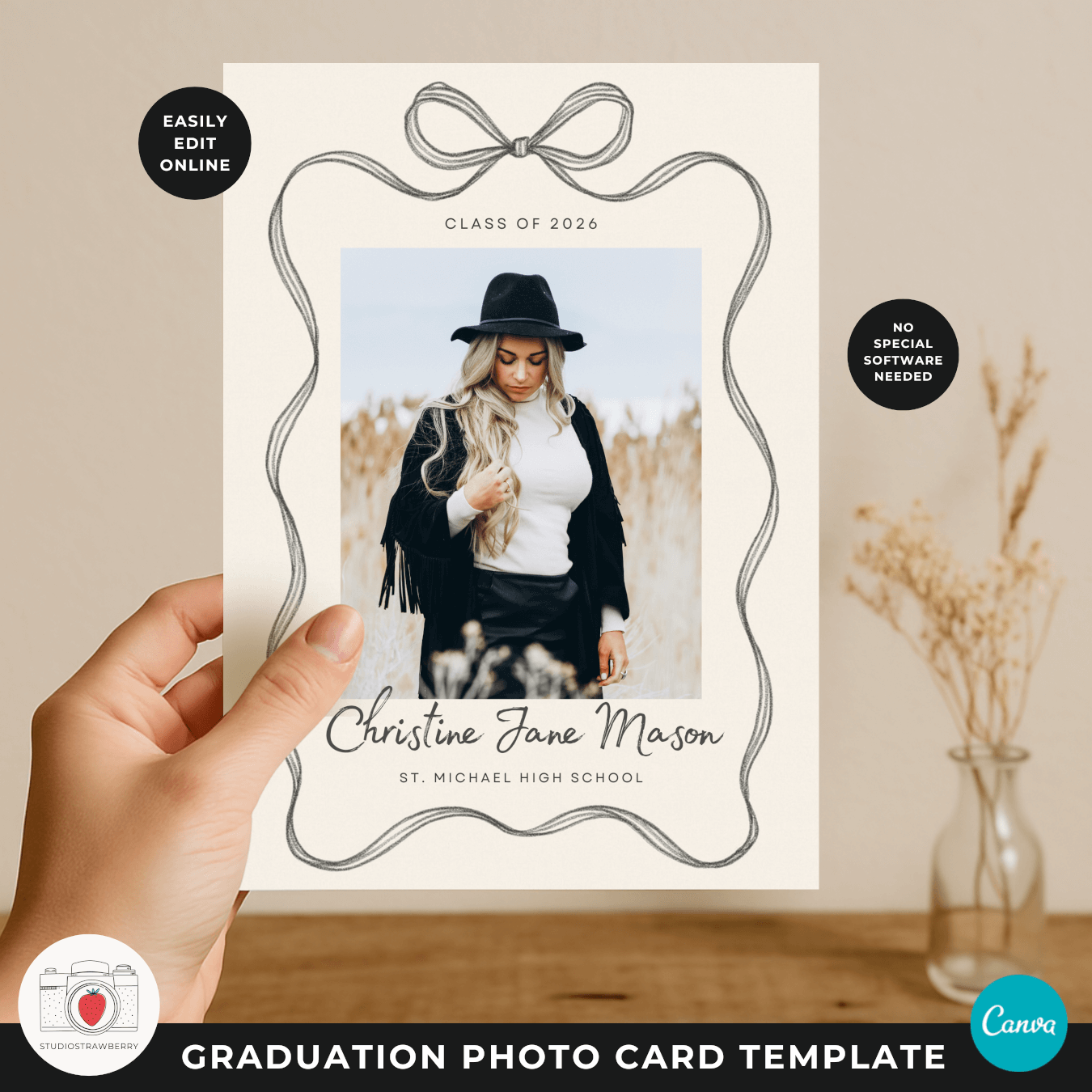 Senior graduation announcement card with hand drawn bow frame and editable layout.