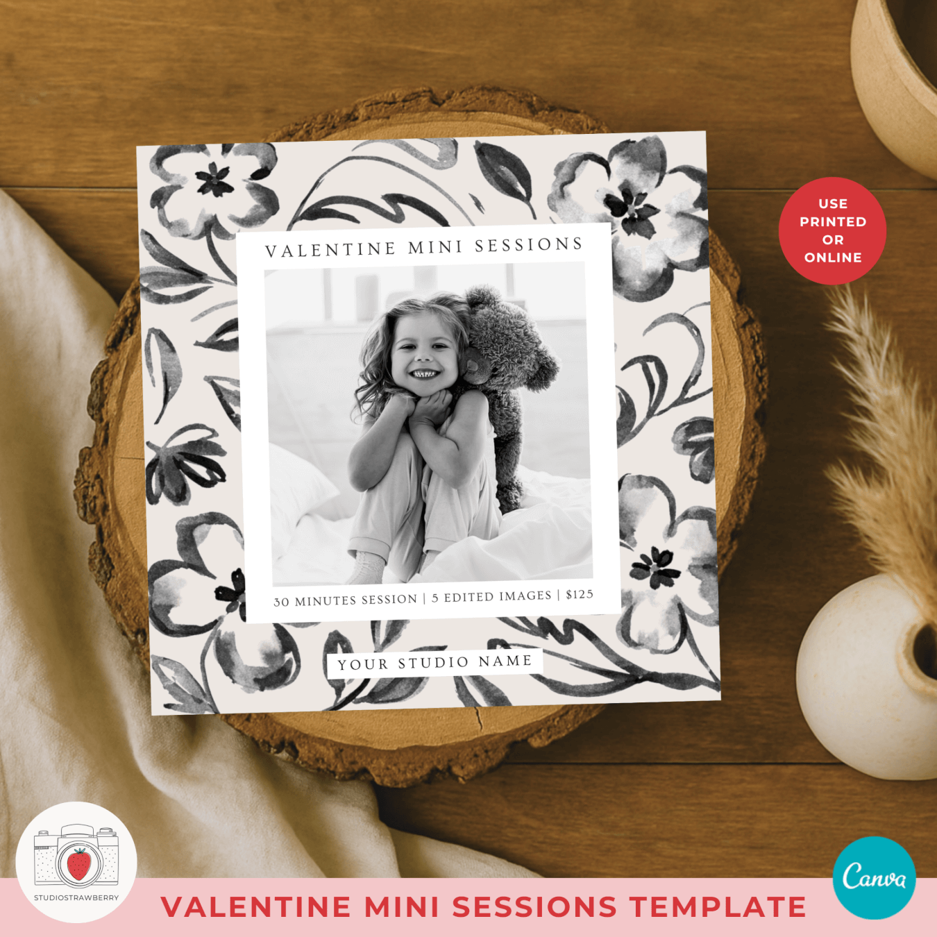 Black floral valentine mini session flyer for photographers