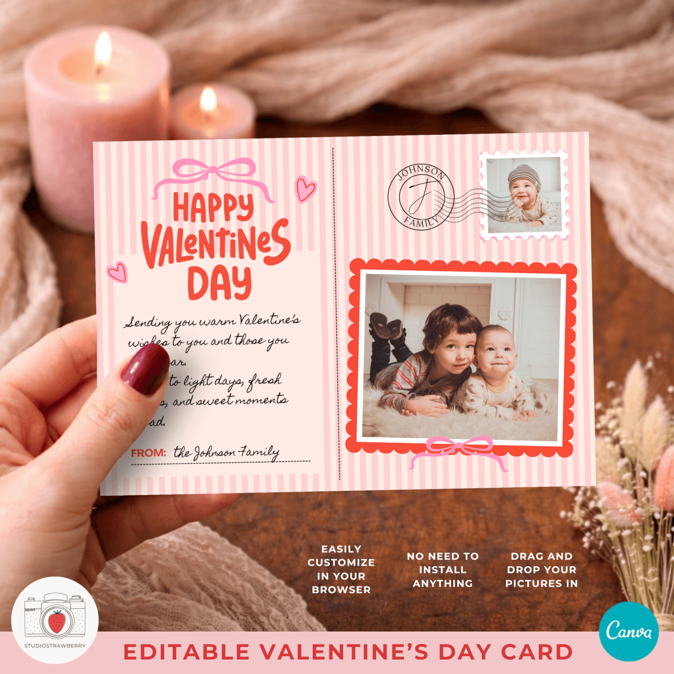 Cottagecore style photo postcard with pink stripes and hand drawn bow detail