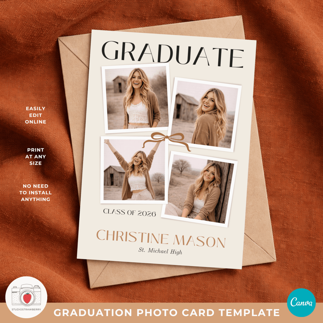 Cottagecore graduation photo card with beige background and polaroid collage layout