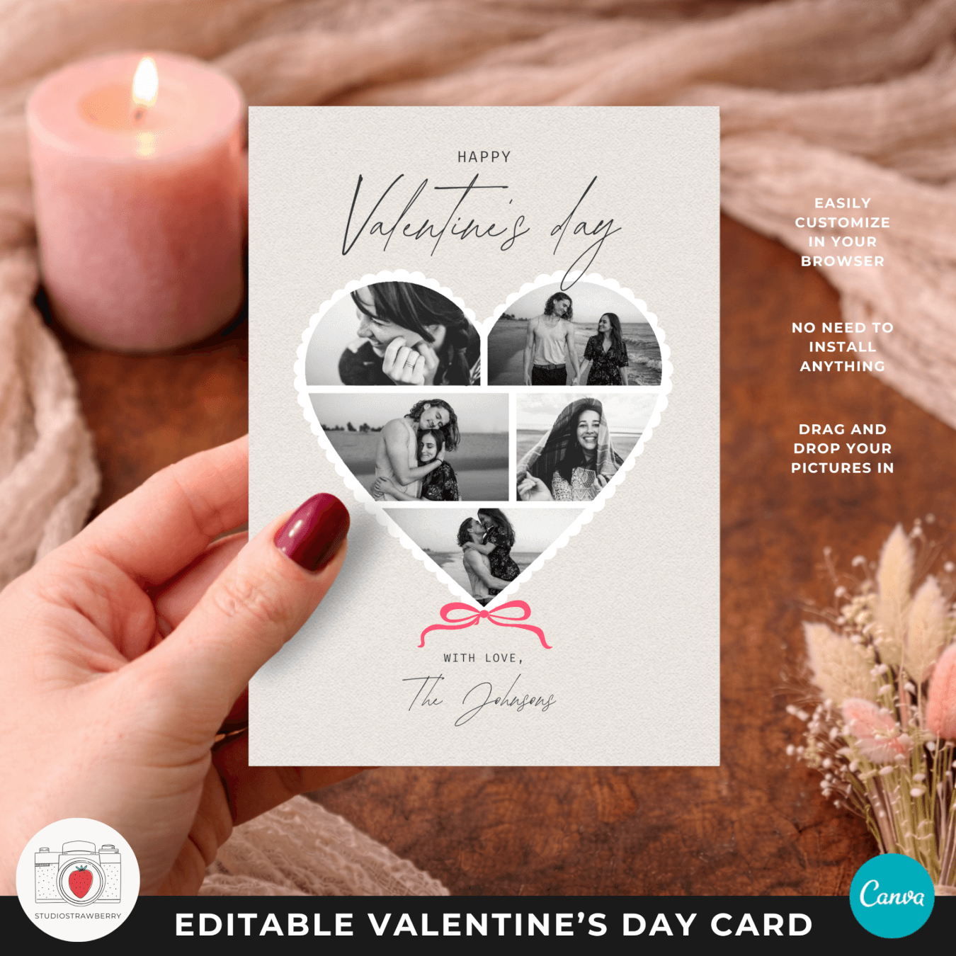 Valentine photo card for couples with heart shaped photo collage and soft neutral background