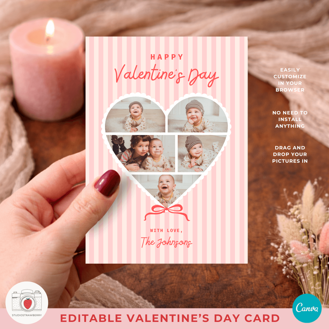 Valentine photo card for family featuring a heart shaped photo collage and soft pink striped background