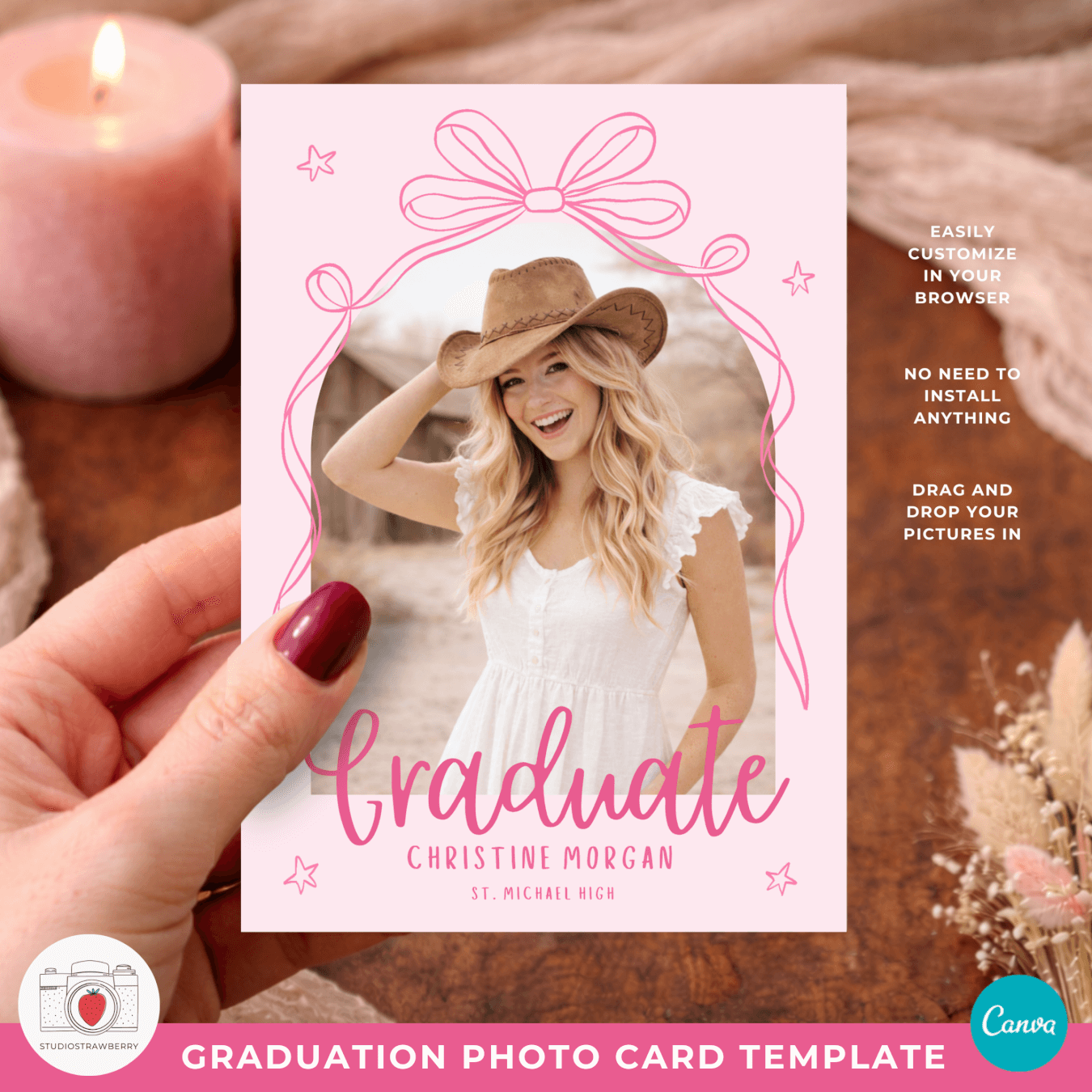 Girl senior photo graduation card in soft pink aesthetic style